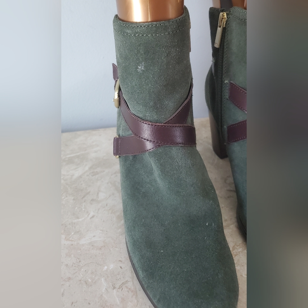 Green Suede Ankle Boots with Brown Strap - Picture 4 of 14